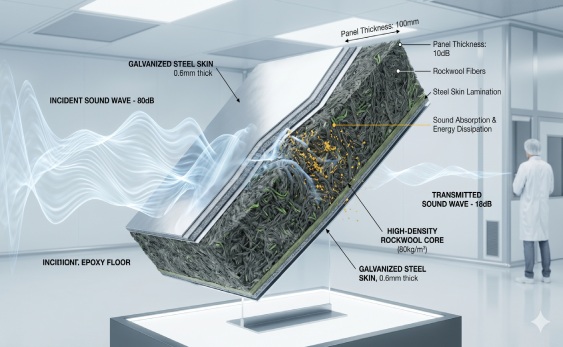 Technical cross-section of soundproof sandwich panel core for industrial synergy 2026