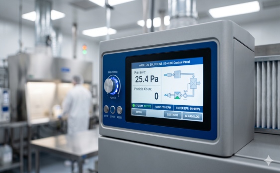 WONCLEAN industrial air purifier HMI dashboard monitoring 0-60 Pa differential pressure for long-term performance reviews