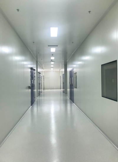 Wonclean real project photo of a cleanroom corridor with continuous wall panels, ceiling panels, observation windows and cleanroom doors